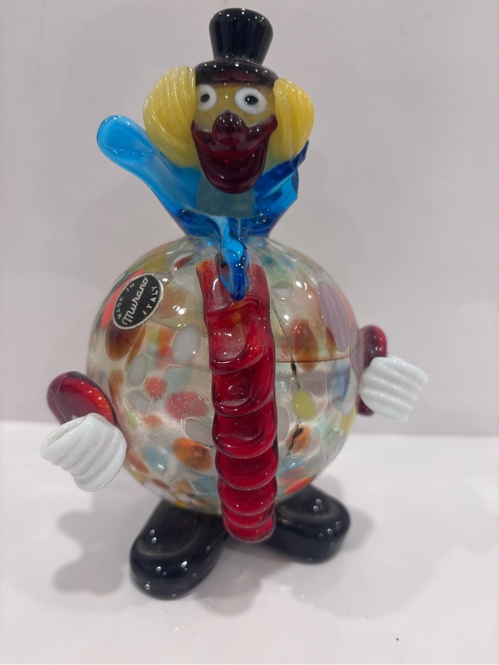 Vintage Murano Italy handblown art glass clown figurine confetti style 6.5”